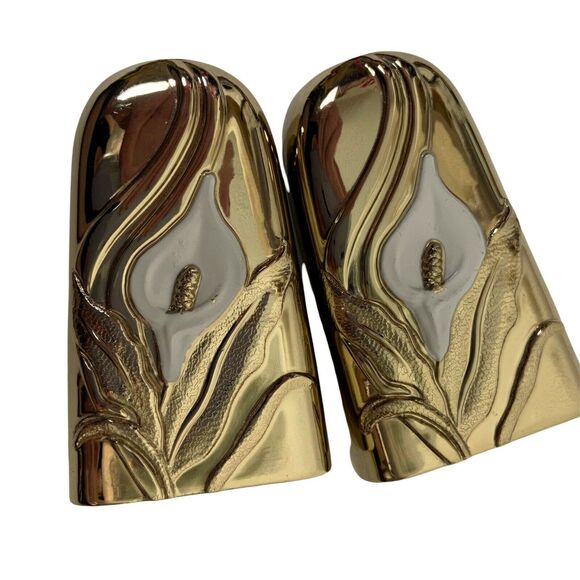 Art Nouveau Salt & Pepper Shakers Set Vtg Gold Tone White Calla Lily Decorative - Picture 7 of 16